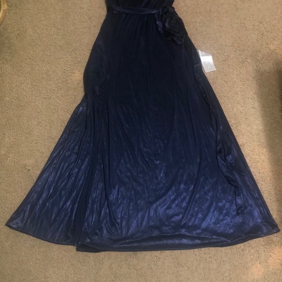 Dress The Population Krista Plunging V-Neck Side Slit Gown Dress Navy Blue M - Picture 5 of 10